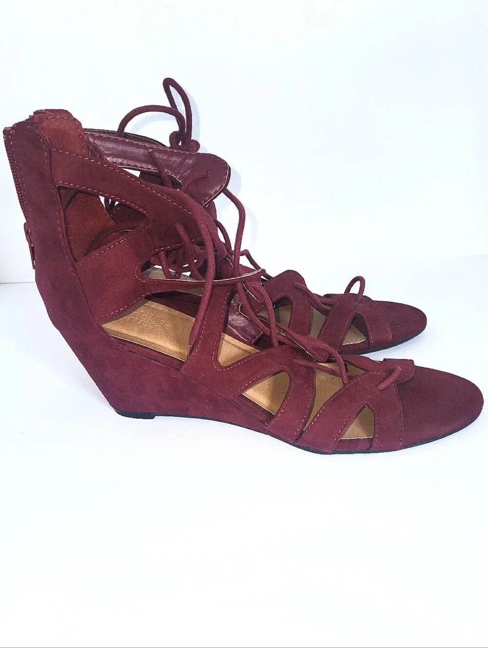 Charlotte Russe Burgundy Vegan Suede Lace Up Open Wedge Heel Size 9